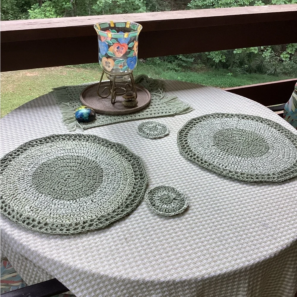 Placemat Coaster Set Hand Crafted Green White Cotton Crochet Boho